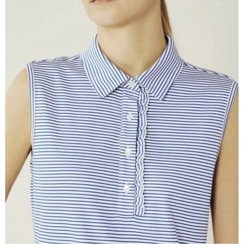 Tory Burch Performance Sleeveless Ruffle Polo Surf Blue Pinstripe NWT 51920